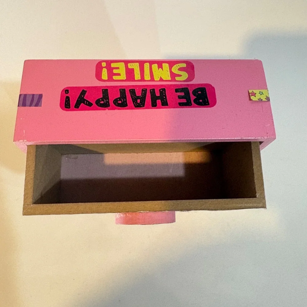 Pink Wooden Mini 3 Drawer Jewelry Box Trinket Chest Hand Decorated Sticker Art